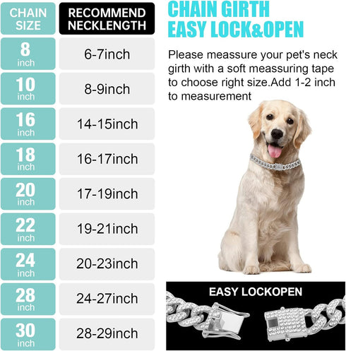 Dog Chain Silver Cuban Collars, Walking Metal Choke Collar with Secure Buckle, 24inch for Small Medium Large Dogs