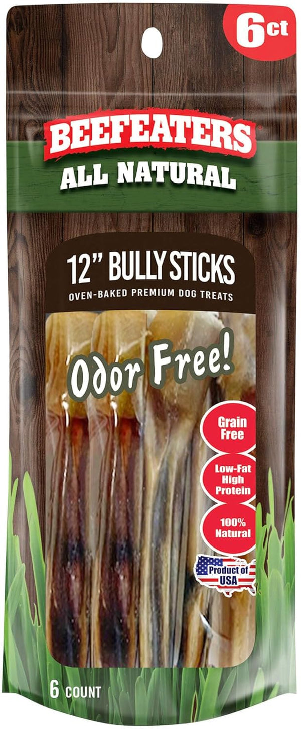 Beefeaters Dog Treats - 12in Bully Sticks, 6ct | All-Natural, Highly Digestible | Training Treats for All Dog Sizes