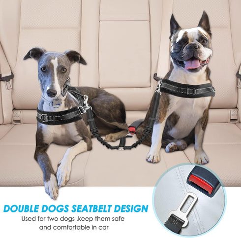 SlowTon Adjustable Dog Seat Belt - Double Dog Safety Leash with Elastic Bungee Buffer (Black, M)
