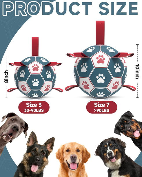 QDAN Dog Toys Soccer Ball with Straps - 10 Inch Durable Herding Ball for Extra Large Dogs, Outdoor Water Toy