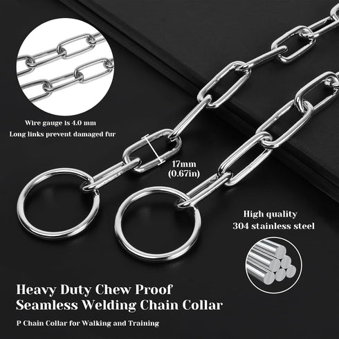 Silver Dog Chain Collar,Heavy Duty Chew Proof Stainless Steel Long Link Fur Saver Dog Training Collar | No-Pull Slip Chain for Small Medium Dogs for Easy Control | 51cm (20in)