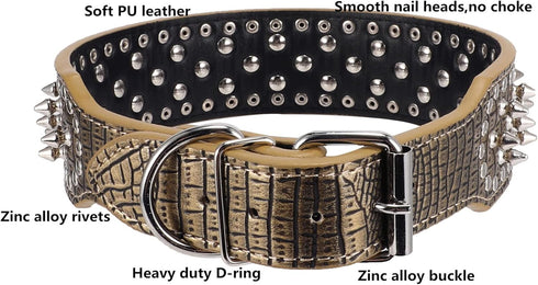 Hoot PU Leather Adjustable Spiked Studded Dog Collar, 2" Wide, 31 Spikes (S, Neck 17"-20", Golden)