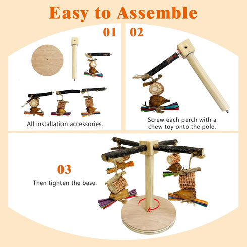 Finches Rotating Bird Perch Stand Toy Natural Wooden Parakeet Toys with Edible Chew Toy Interactive Spinning Toy Bird