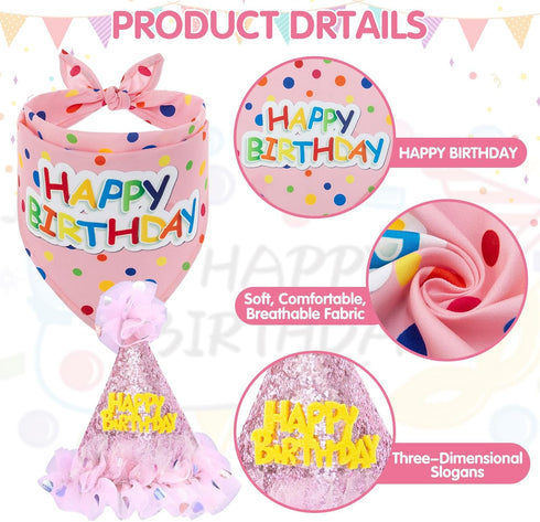 SCENEREAL Dog Birthday Bandana with Hat and Dress Girl Set, Cute Pink Tutu Skirt Outfit for Small Medium Large Dogs