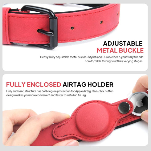 PetiFine Leather Dog Collar with Airtag Holder, Soft Padded Adjustable Rust-proof Metal Buckle for Small Medium Large