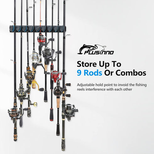 PLUSINNO 2 Pack Vertical Fishing Rod Rack - Wall Mounted Holders for 18 Rods