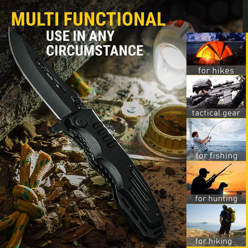 Safety Lock Pocket Knife, Spring Assisted 3.4-inch Sharp Blade, Folding Tactical Black Knife with Aluminum Handle,
