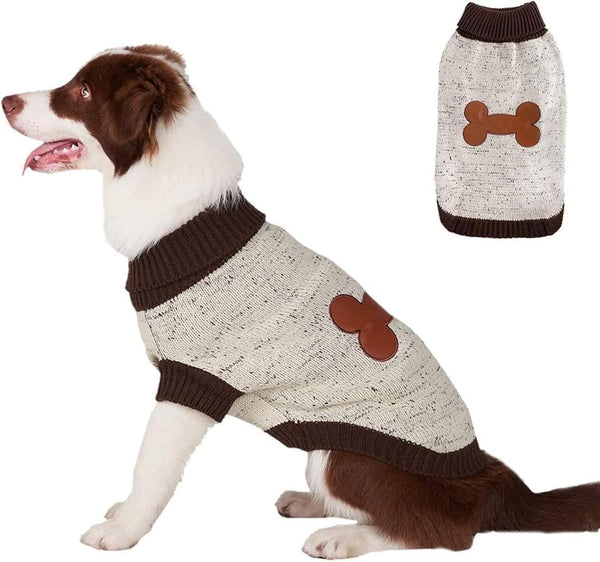 BINGPET Turtle Neck Knitted Dog Sweater for Small Medium Large Dogs with Brown Bone Pattern, Winter Wear