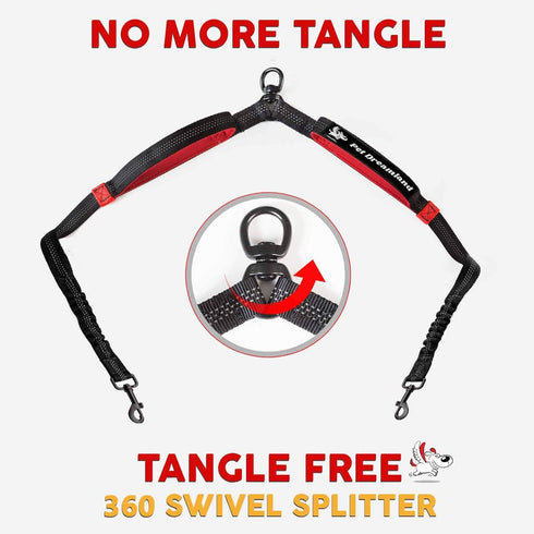 Pet Dreamland Dual Dog Leash Coupler, No Tangle Swivel for Walking Two Medium Dogs - Black & Red