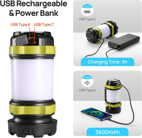 LED Camping Lantern Flashlight Rechargeable, Consciot Portable Torch with 6 Light Modes, 3600mAh Power Bank, IPX4