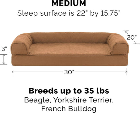 Furhaven Memory Foam Dog Bed for Medium/Small Dogs with Removable Bolsters & Washable Cover, Quilted Sofa, Toasted