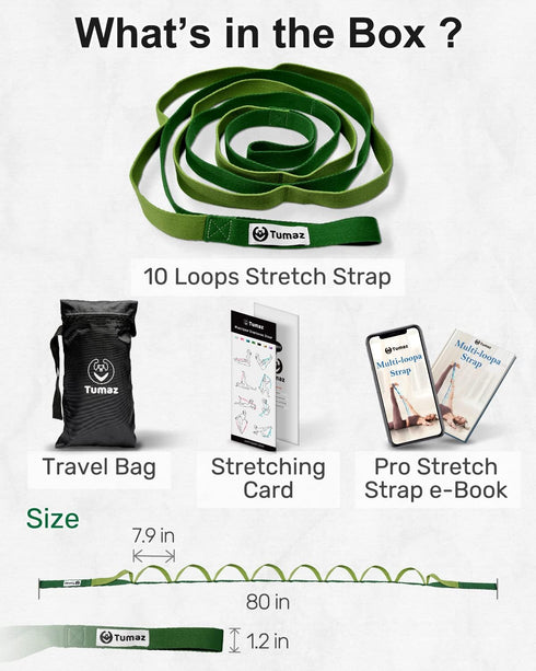 Tumaz Stretching Strap - 10 Loops Non-Elastic Yoga Strap for Physical Therapy, Yoga, Pilates, Flexibility - Extra