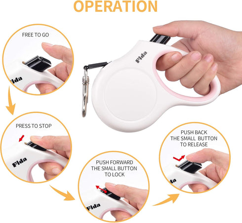 Fida 16 ft Retractable Dog Leash for Small Dogs up to 26lbs, Tangle Free, White