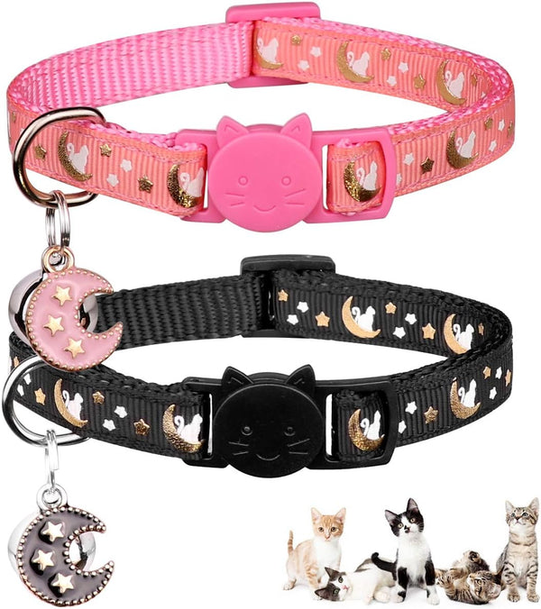 2Pcs Breakaway Cat Collars - Adjustable Moons Collars for Boy & Girl Cats with Bell & Pendant, Black+Pink