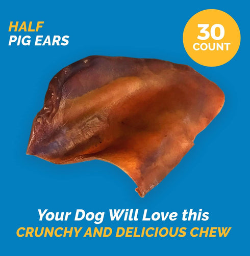 Pig Ears for Dogs, 100% Natural Long Lasting Pork Chews, Ideal for All Chewers, Half Pig Ears (One Pack of 30)