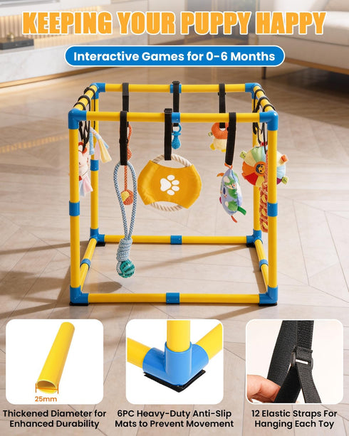Grevigily 23.6"x 23.6" 12 Puppy Play Gym for Small Dogs, Large Indoor Dog Jungle Gym with Hanging Toys& Non-Slip Pads