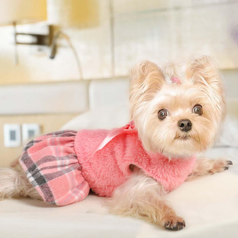 Dog Sweater for Small Dogs, Warm Fleece Dress for Fall, Plaid Pink Sweater for Chihuahua Yorkie Teacup Dogs