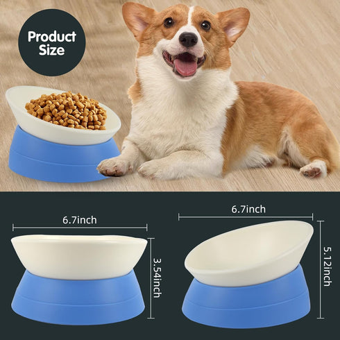 Bulldog Bowl Anti-Slip Dog Cat Dish, Detachable Rubber Pet Feeder, Tilted Base, Blue, 2 Cup