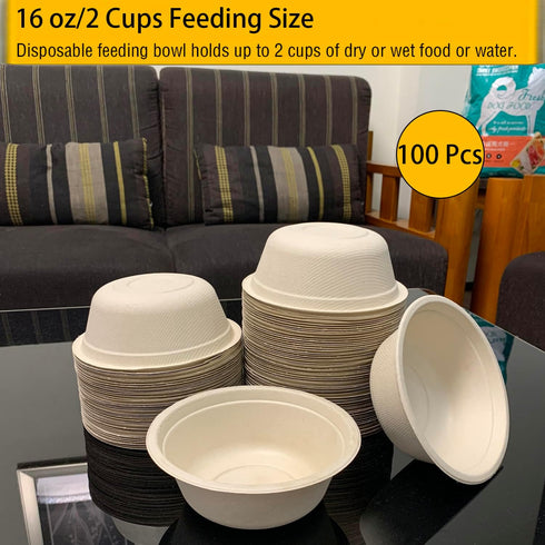 JETKONG 16 oz/2 cup Disposable Dog Bowls, 100% Compostable Paper Feeding Bowls, Pack of 100
