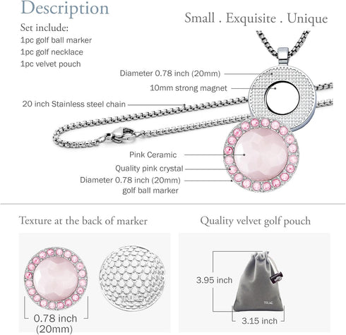 (20mm Golf Ball Marker with Ceramic Crystal Ball Marker Necklace Small Size) Gifts Accessories Women Golfers