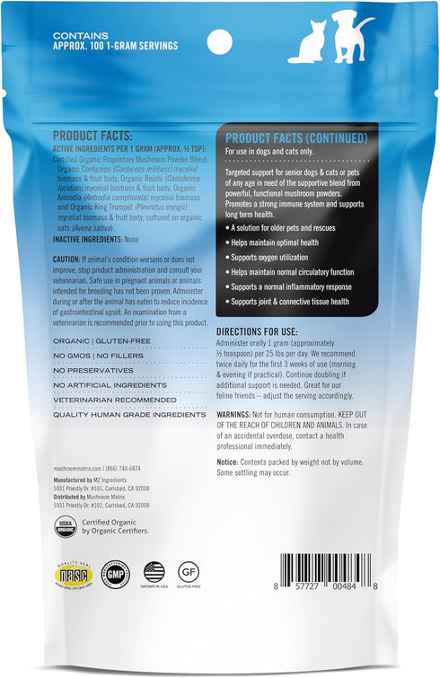 100 3.5 oz Om Mushroom Matrix Pet - Canine | Maximum Recovery | USA Grown Human-Grade Organic Mushroom Powder Pet