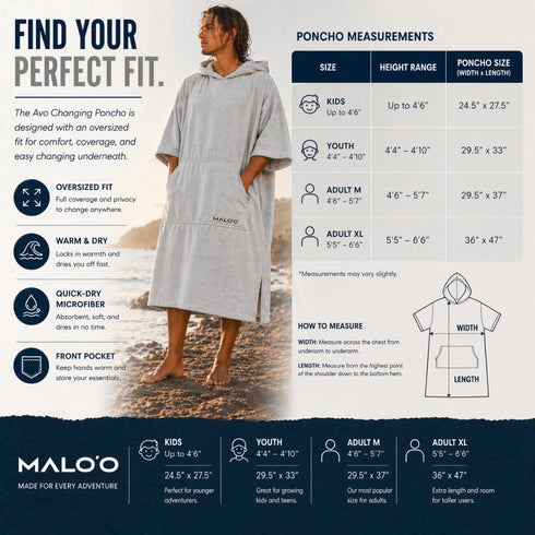 Swimming, 4 2 Maloo AVO Changing Poncho Microfiber Surf Poncho with Hood & Pocket, Quick-Dry Towel Robe for Surfing