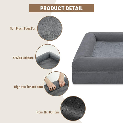 Large Dark Grey Orthopedic Dog Bed, Waterproof with Removable Cover, 4-Sides Removable Bolster Soft Sofa Bed