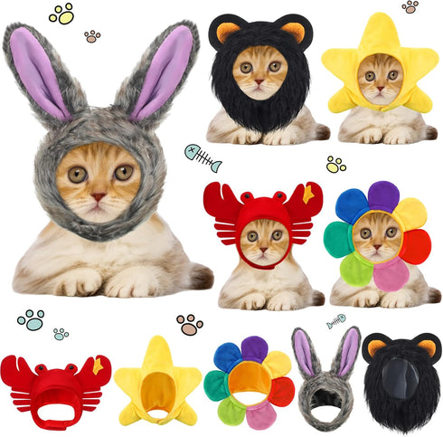 5 Pieces Cat Hat Costume: Cute Pet Hat with Ears, Bunny Rabbit Hat, Lion Mane Cap, Adjustable Birthday Hat