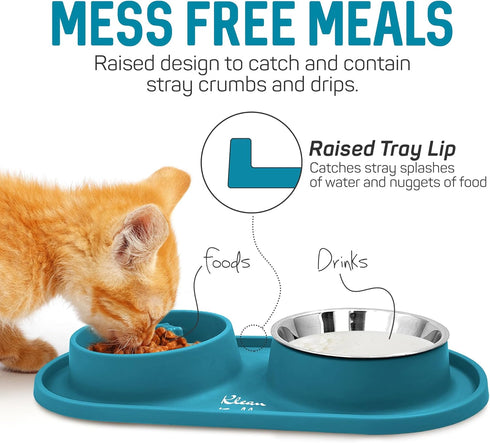Pets Dog Bowl Set - Anti Skid Removable Double Slow Feeder Dog Bowls with Non Skid Silicone Mat - Stainless Steel Dog Water Bowl for Cats & Pets –A Beautiful Dirty Blue Color