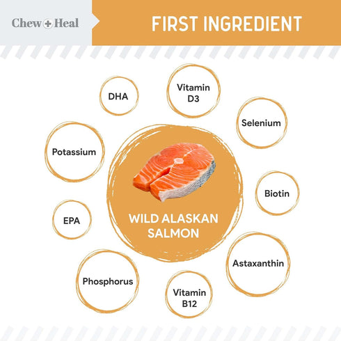Chew + Heal Labs Omega Salmon Jerky Dog Treats - 12 oz of Soft Salmon Jerky for Skin and Coat - Made with Wild Alaskan Salmon, Flaxseed, Oat Flour, and More - Made in The USA
