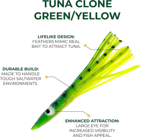 6" 6 Tuna Clone Lures, Pcs Green/Yellow for Saltwater Trolling, Ideal for Tuna, Wahoo, Mahi & Offshore Game Fish