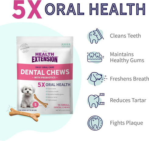 Health Extension Probiotic Dog Chew Bone Treats, Medium Sticks for Dental Cleaning & Breath Freshener, Small, Pack of 14
