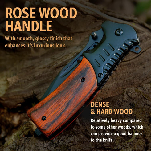 Spring Assisted Tactical Pocket Knife, 3.66" Sharp Blade with Wood Handle, Glass Breaker & Clip for EDC Camping