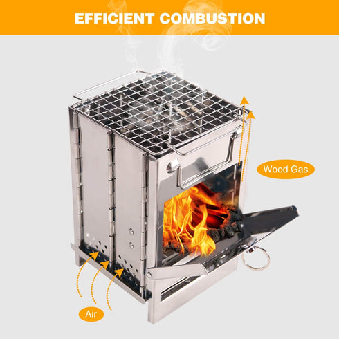 Portable Folding Camping Wood Stove, Lightweight Stainless Steel Wood Burning Camp Stove with Grill for BBQ