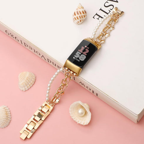 Pearl Beaded Bands for Fitbit Charge 6/Charge 5, Stylish Gold Love Shape Link Chain Jewelry Bracelet