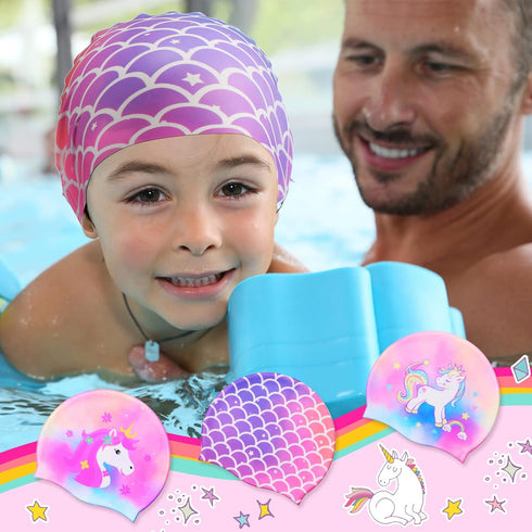 Syhood 3 Pcs Kids Swim Caps, Baby Waterproof Bathing Caps, Cartoon Swimming Hat for Boys and Girls