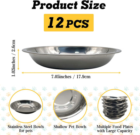 Hamiledyi 12 Pcs Stainless Steel Cat Bowls - Replacement Plates for Whisker Fatigue Relief