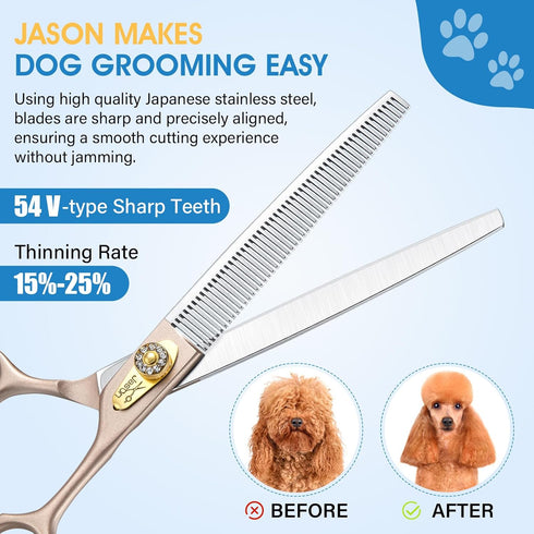 JASON 7.5" Dog Grooming Scissors - Professional Thinning Shear with 54 Teeth Japanese 440C Stainless Steel Blender