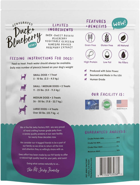Premium Duck and Blueberry 12 oz. Dog Jerky Treats | 100% Human Grade | USA Made | High Protein | Grain Free | Limited Ingredients | No Filler | BHA-BHT Free | Soft-Tender