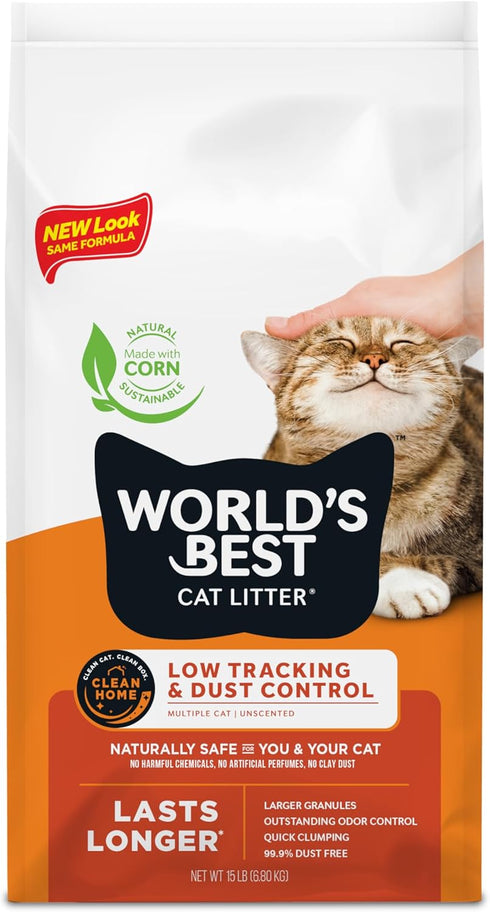 WORLD'S BEST CAT LITTER, Low Tracking & Dust Control, Multiple Cat Unscented 15-Pounds, Quick Clumping