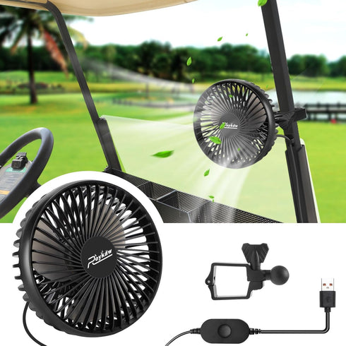 Roykaw Portable USB Powered Golf Cart Fan - Compatible with EZGO Club Car Yamaha Models, 3 Speed & 360° Rotation