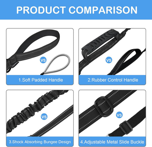 Tactical Dog Leash Heavy Duty, 4-6FT Shock Absorbing Bungee Leash with 2 Padded Handles for Medium Large Dogs, Black