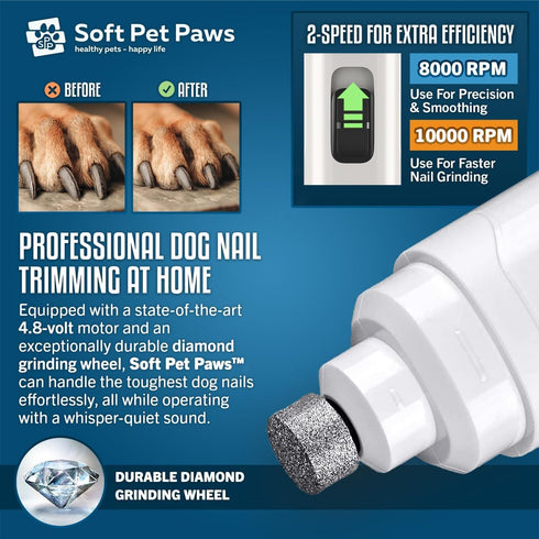 Dog Nail Grinder - Ultra Quiet Rechargeable Trimmer with 2 LED Lights, 2-Speed for Small, Medium and Large Dogs