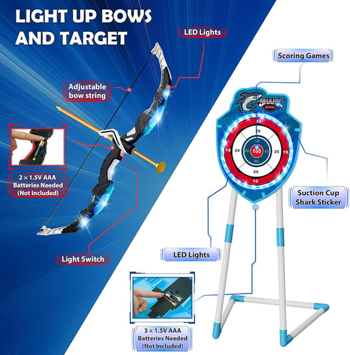 2 Pack 4 1 Set 20 5-12 VATOS Bow and Arrow Toy with LED Light - in Archery & Dart Game with Suction Cup Arrows, Shark