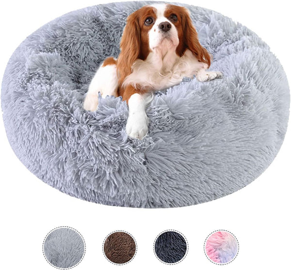 Dog Bed, Calming Dog Beds for Small Medium Large Dogs, Round Donut Washable Bed, Anti-Slip Faux Fur Fluffy Donut