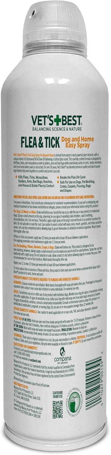 Vet’s Best Flea & Tick Dog Easy Spray – Cotton Spice Scent – Natural Flea & Tick Prevention – Kills Fleas & Ticks for Dogs – 14oz