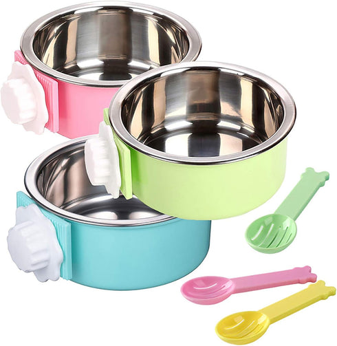 kathson 3 PCS Crate Dog Bowl, Stainless Steel Removable Hanging Food and Water Feeder Bowls for Pets