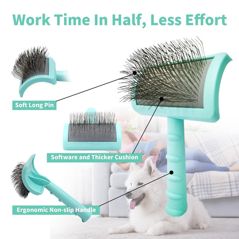 Large Firm Slicker Brush & Pet Comb Value Kit, Extra Long Pin Brush for Goldendoodles, Large Dog Grooming Wire Brush,