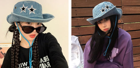 Y2K Crystal Star Washed Denim Cowboy Hat for Women, Foldable Bucket Sun Cap with String