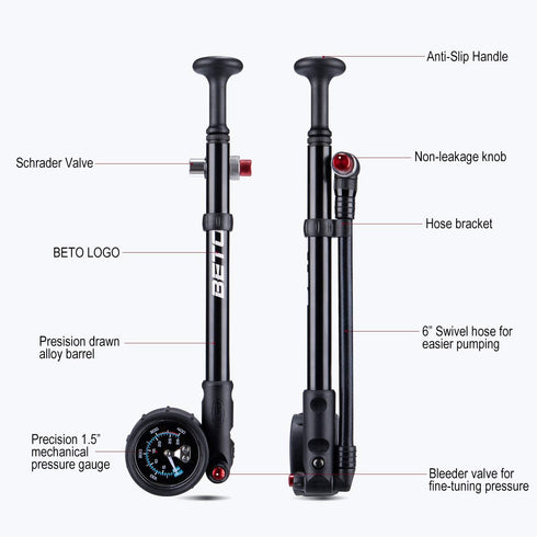 MTB High Pressure Shock Pump - 400 PSI Max for Fork & Rear Suspension with No-Loss Schrader Valve